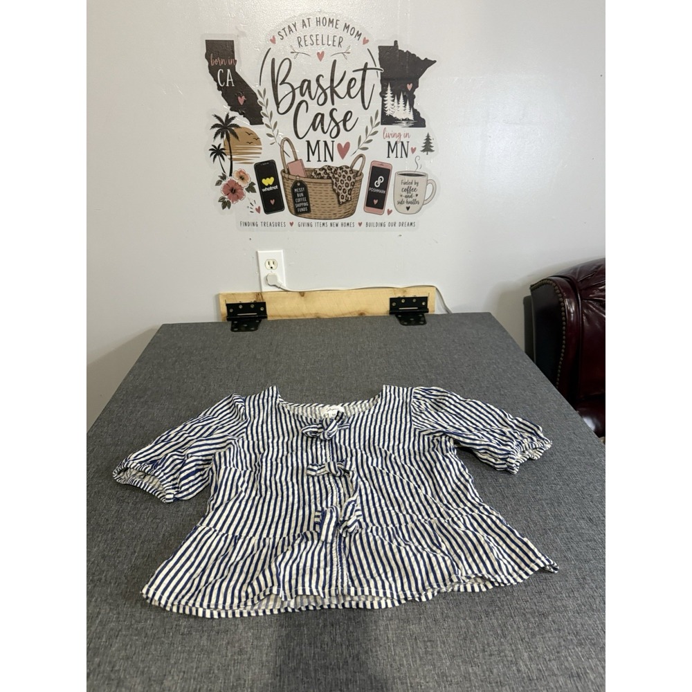 Japna Blue White Striped Tie Front Bow Puff Short Sleeve Square Neck Blouse M